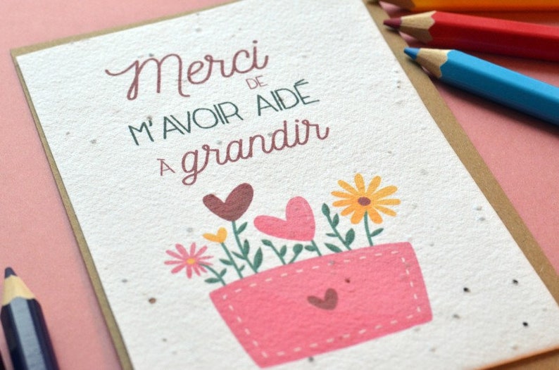 Carte à planter Merci de m'avoir aidé à grandir. Carte ensemencée Merci maitresse. Carte Merci nounou image 1