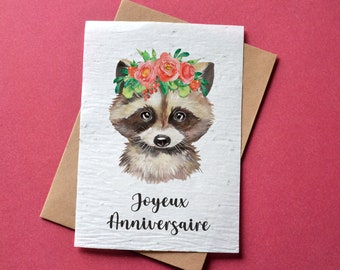 Carte à planter Anniversaire Raton laveur. Carte anniversaire enfant. Carte ensemencée anniversaire