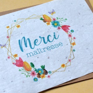 Carte à planter Merci Maîtresse fleurs et papillons. Carte ensemencée Merci maitresse. image 2