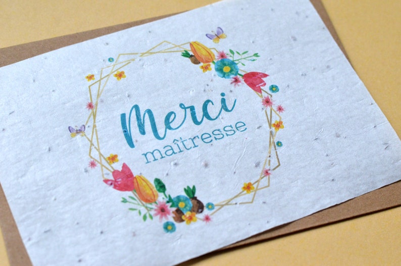 Carte à planter Merci Maîtresse fleurs et papillons. Carte ensemencée Merci maitresse. image 2