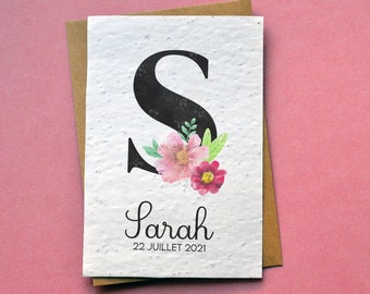 Biglietto da piantagione personalizzato con monogramma del nome e fiori. Carta seme di nascita. Carta per piantare il bambino.