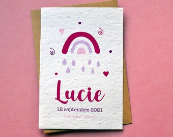 Cartão de plantio personalizado com nome e arco-íris. Cartão semeado de nascimento. Cartão para plantar Bebê.