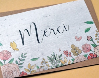 Carte à planter Merci Fleurs et papillons. Carte ensemencée Merci. Carte fleurs sauvages.