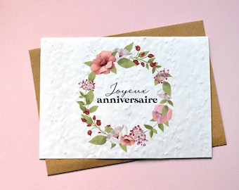Cartão para plantar coroa de flores de aniversário. Cartão de aniversário florido. Mapa da planta impresso na França