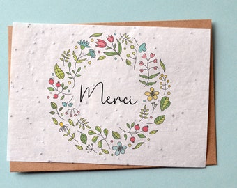 Carte à planter Merci Couronne de fleurs. Carte ensemencée Merci. Carte fleurs sauvages.