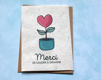 Carte à planter Merci de m'aider à grandir Coeur. Carte ensemencée Merci maitresse. Carte Merci nounou