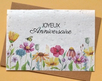 Carte à planter Anniversaire Fleurs et abeille. Carte anniversaire fleurie. Carte ensemencée anniversaire
