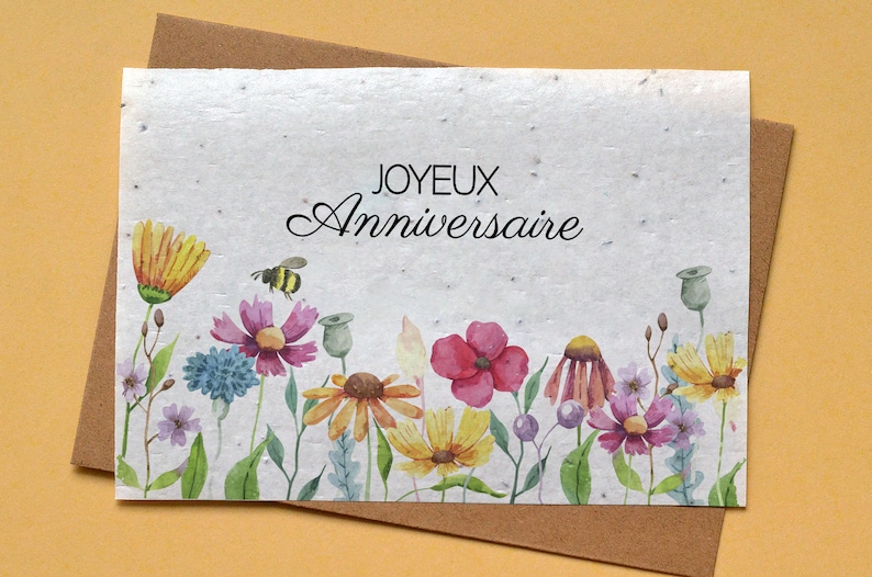 Carte à planter Anniversaire Fleurs et abeille. Carte anniversaire fleurie. Carte ensemencée anniversaire image 1