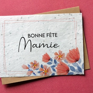 Carte à planter Bonne fête Mamie Rouge et bleu. Carte ensemencée Fête des grand-mères.