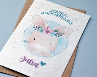 Carte à planter Anniversaire personnalisée avec Lapin. Carte anniversaire fleurie avec prénom.
