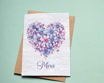 Card to plant Thank you floral heart. Seeded card Thank you. Wildflower card.