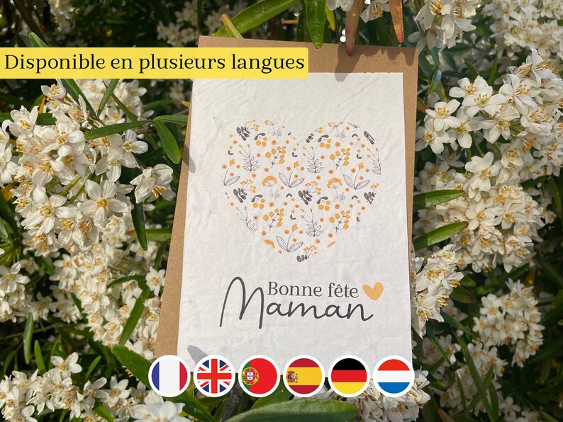 Carte à planter Bonne fête Maman Coeur Jaune. Carte ensemencée Fête des mères. Carte Anglais, Espagnol, Néérlandais, Allemand, Portugais. image 1