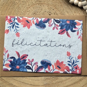 Carte à planter Félicitations Bleu et rouge. Carte ensemencée Naissance. Carte à planter Mariage.