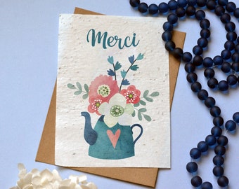 Carte à planter Merci Arrosoir Fleuri. Carte ensemencée Merci. Carte fleurs sauvages.