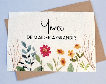 Carte à planter Merci de m'aider à grandir Champs de fleur. Carte ensemencée Merci maitresse. Carte Merci nounou