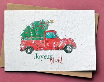 Carte à planter Noël Camion et Sapin. Carte de voeux fleurie.