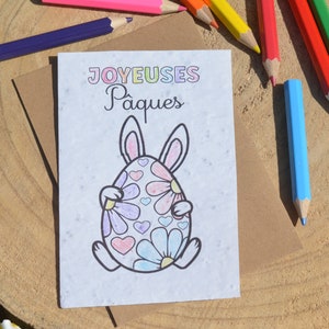 Carte à planter à colorier Joyeuses Pâques. Carte de voeux à planter Lapin de Pâques.