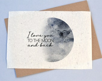 Carte à planter I love You To the Moon. Carte ensemencée Saint Valentin. Carte à planter Amour. Carte végétale imprimée en France.