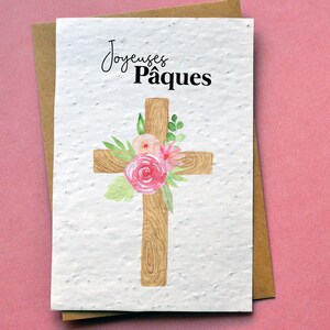 Carte à planter Joyeuses Pâques Croix en Bois. Carte de voeux à planter Croix chrétienne.