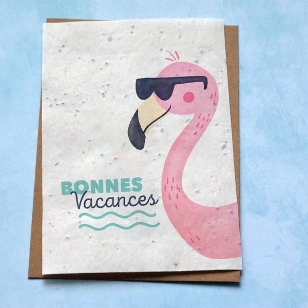 Carte à planter Bonnes Vacances Flamant Rose. Carte ensemencée Vacances