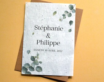 Personalized eucalyptus planting card for wedding. Save the Date seeded card. Wedding card to plant.