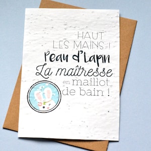 Carte à planter Maîtresse. Carte la maîtresse en maillot de bain. Carte ensemencée Merci maitresse.