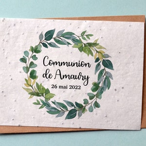 Carte à planter Couronne eucalyptus personnalisée pour Communion. Carte ensemencée Save the Date. Carte à planter Mariage.