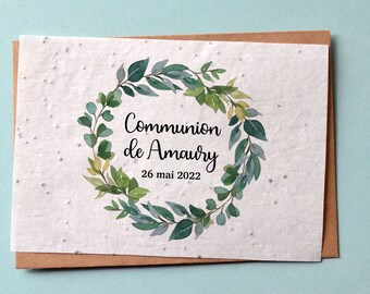 Personalized eucalyptus crown planting card for Communion. Seeded Save the Date card. Wedding card to plant.