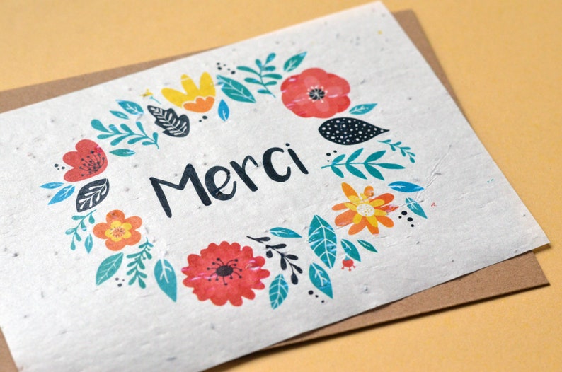 Carte à planter Merci couronne de fleurs et enveloppe kraft. Carte ensemencée Merci. Carte fleurs sauvages. image 3
