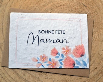 Carte à planter Bonne fête Maman Bleu et rouge. Carte ensemencée Fête des mères.