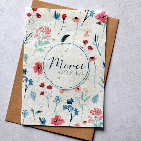 Carte à planter Merci pour tout. Carte ensemencée Merci. Carte fleurs sauvages.