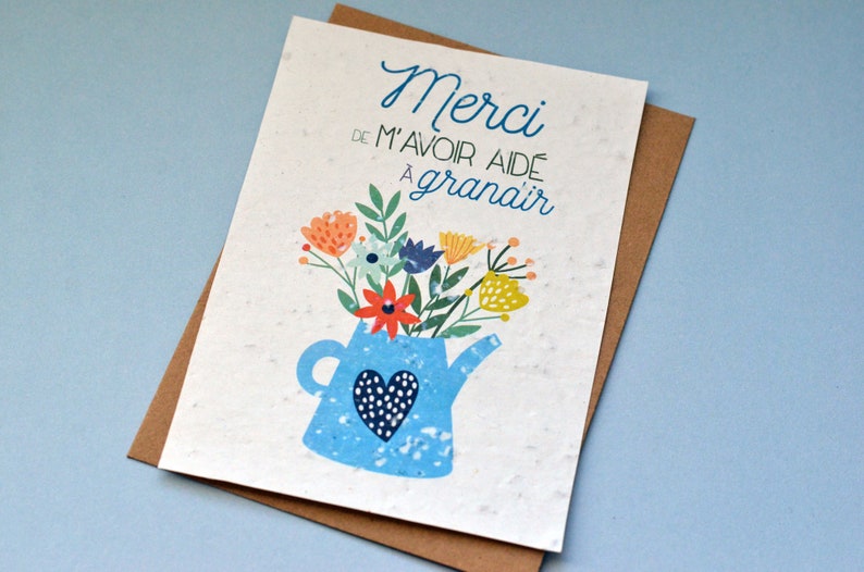 Carte à planter Merci de m'avoir aidé à grandir Arrosoir Bleu. Carte ensemencée Merci maitresse. Carte Merci nounou image 3