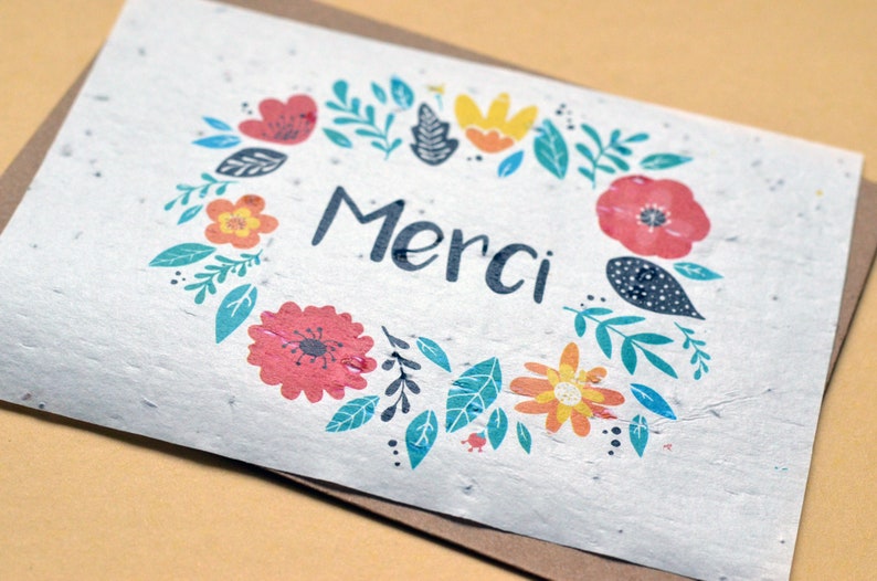 Carte à planter Merci couronne de fleurs et enveloppe kraft. Carte ensemencée Merci. Carte fleurs sauvages. image 2