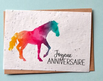 Carte à planter Anniversaire Cheval multicolore. Carte anniversaire enfant. Carte ensemencée anniversaire