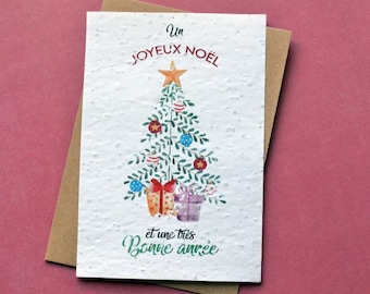 Carte à planter Joyeux Noël Sapin Aquarelle. Carte de voeux fleurie.