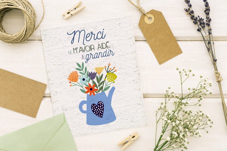 Carte à planter Merci de m'avoir aidé à grandir Arrosoir Bleu. Carte ensemencée Merci maitresse. Carte Merci nounou image 4