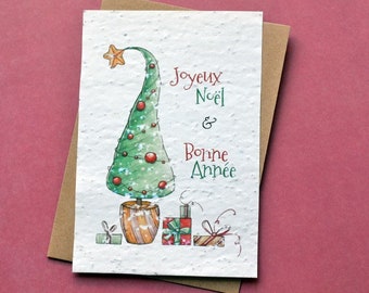 Card to plant Merry Christmas Tree and Gifts. Floral greeting card.