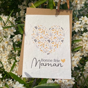 Carte à planter Bonne fête Maman Coeur Jaune. Carte ensemencée Fête des mères. Carte Anglais, Espagnol, Néérlandais, Allemand, Portugais. Français