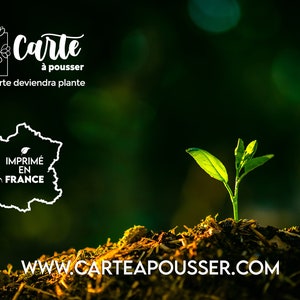 May include: A small green plant sprout growing out of the ground with a blurred green background. The text "Carte &agrave; pousser petite carte deviendra plante" is at the top of the image. The text "IMPRIM&Eacute; EN FRANCE" is in the middle of the image. The text "WWW.CARTEAPOUSSER.COM" is at the bottom of the image.