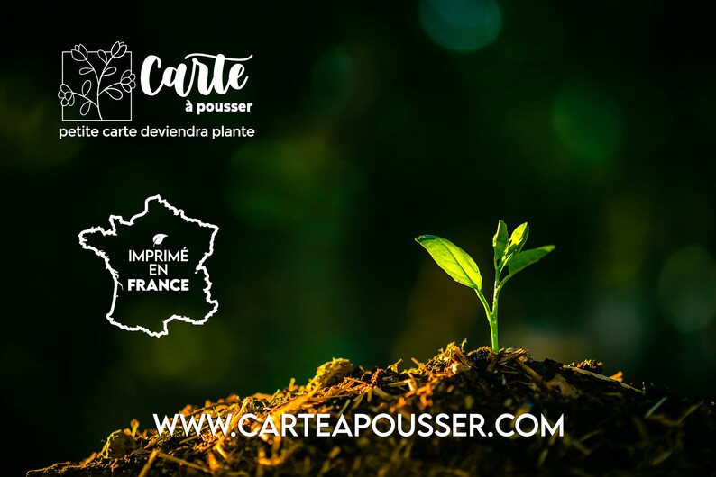 May include: A small green plant sprout growing out of the ground with a blurred green background. The text "Carte &agrave; pousser petite carte deviendra plante" is at the top of the image. The text "IMPRIM&Eacute; EN FRANCE" is in the middle of the image. The text "WWW.CARTEAPOUSSER.COM" is at the bottom of the image.
