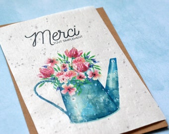 Carte à planter Merci Arrosoir. Carte ensemencée Merci. Carte fleurs sauvages.