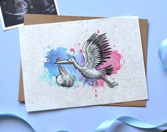 Stork Plantable Card. Pregnancy Announcement Card. Birth Seeded Card. Baby Plantable Card.