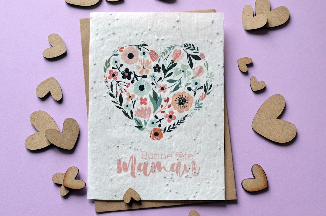 Carte à planter Bonne fête Maman Coeur fleuri. Carte ensemencée Fête