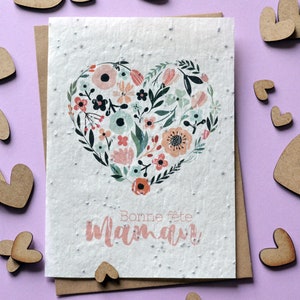 Carte à planter Bonne fête Maman Coeur fleuri. Carte ensemencée Fête des mères.