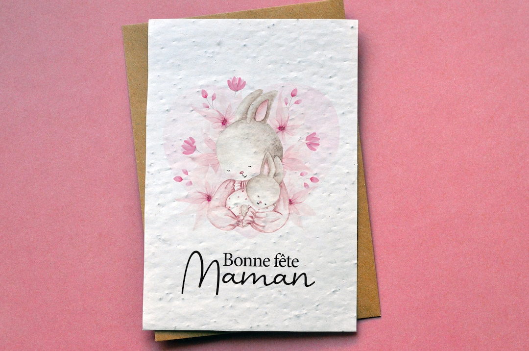 Carte à planter Bonne fête Maman Lapin aquarelle. Carte ensemencée Fête