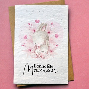 Carte à planter Bonne fête Maman Lapin aquarelle. Carte ensemencée Fête des mères.