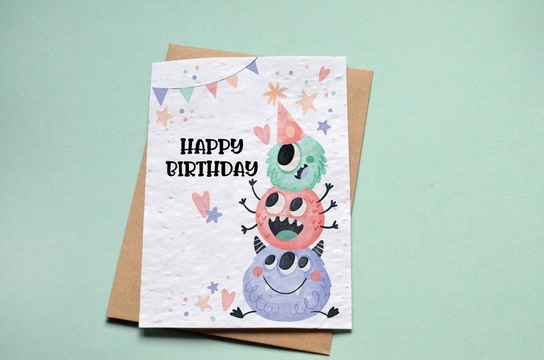 Carte à planter Anniversaire Happy Birthday Monstres. Carte anniversaire pour enfants. image 1