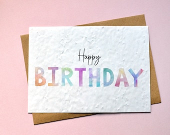 Carte à planter Anniversaire Happy Birthday Aquarelle. Carte anniversaire fleurie.