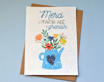 Carte à planter Merci de m'avoir aidé à grandir Arrosoir Bleu. Carte ensemencée Merci maitresse. Carte Merci nounou