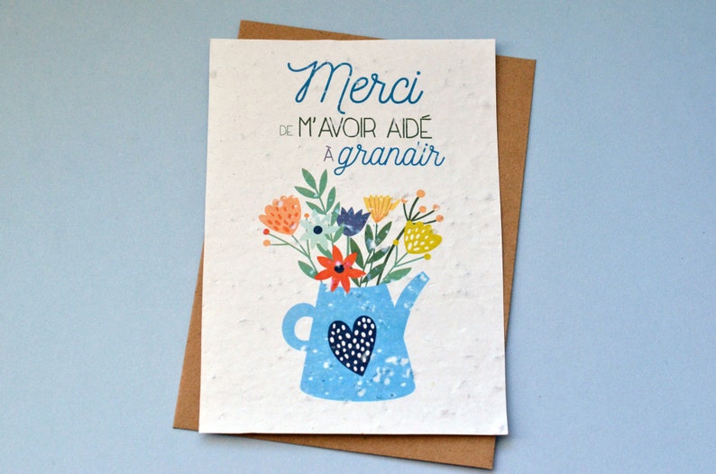 Carte à planter Merci de m'avoir aidé à grandir Arrosoir Bleu. Carte ensemencée Merci maitresse. Carte Merci nounou image 1